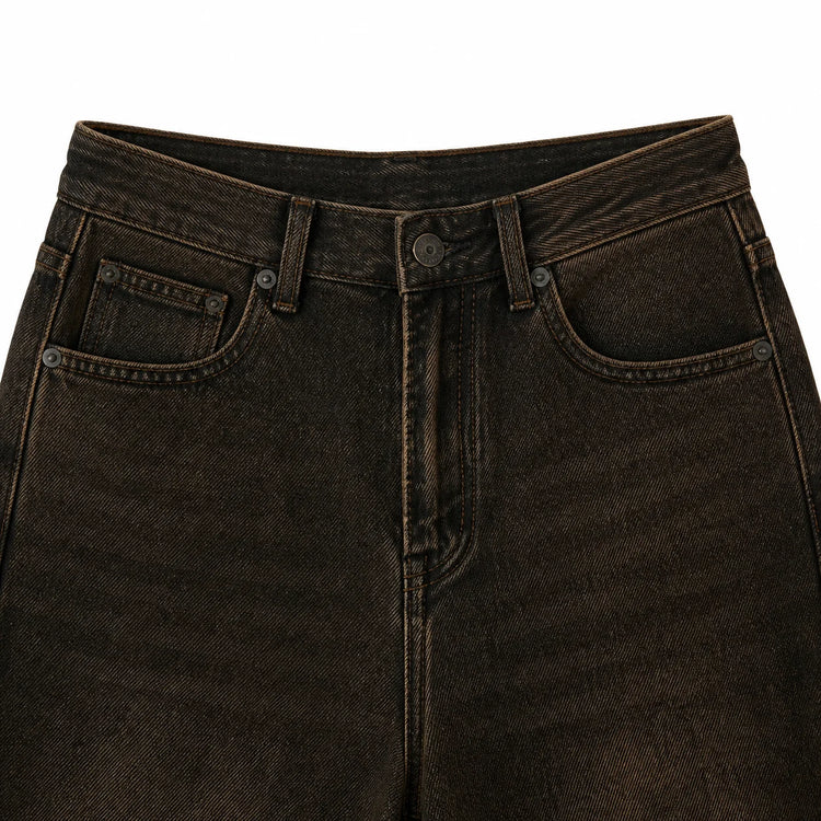 Dark Brown woman Jeans Balloon High Waist Vintage Wash Soft Denim Fit Large Functional Pockets Urban Streetwear Style Curled Cut Perfect For Daily Outfits Casual Outings FX5314-7