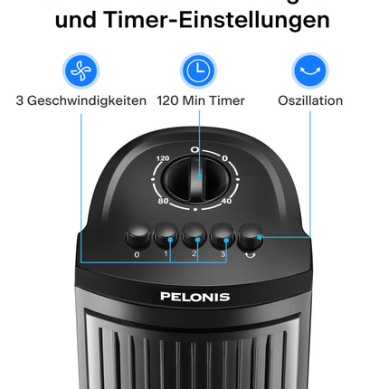 PELONIS Ventilatore a torre da pavimento con 3 velocità, timer da 120 minuti, 60 °   Oscillazione, silenzioso, a risparmio energetico