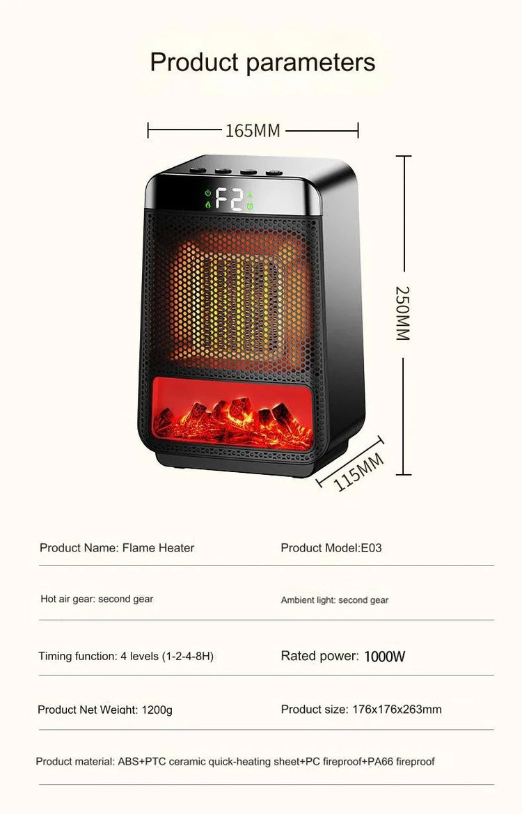 1000W Flame Portable Electric Heater Portable Desktop Fan Warm Air Blower for Ptc Heating Household Office Mini Space Heater