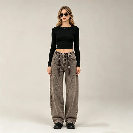 Women's Loose Barrel-Cut Jeans in Grey Acid Wash with Floral Print, Asymmetrical Stitching, Trendy High-Waisted Design, Urban Grunge Streetwear Style, Comfortable Pants, Durable Denim Fabric That Enhances the Silhouette, Fx53