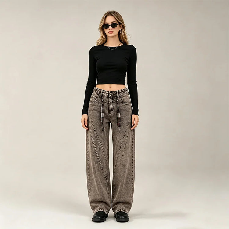 Women's Loose Barrel-Cut Jeans in Grey Acid Wash with Floral Print, Asymmetrical Stitching, Trendy High-Waisted Design, Urban Grunge Streetwear Style, Comfortable Pants, Durable Denim Fabric That Enhances the Silhouette, Fx53