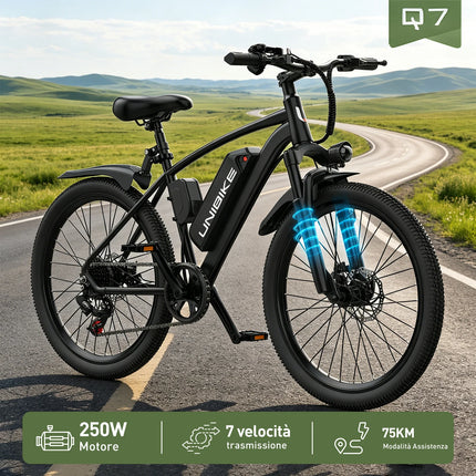 Bicicletta elettrica Aairsk Q7 con motore da 250W, batteria rimovibile da 36V 10Ah, velocità massima di 25 km/h, doppia sospensione e autonomia da 45 a 75 km per carica. Bicicletta elettrica per adulti.