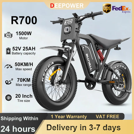 Bicicletta Elettrica DEEPOWER 1500W R700 con Batteria Rimovibile 48V 25Ah, Autonomia Massima 70KM, Pneumatici Larghi 20*4.0, Freni Idraulici, Ammortizzatori Idraulici, Pannello Strumenti LCD Smart, Bici Elettrica per Tutti i