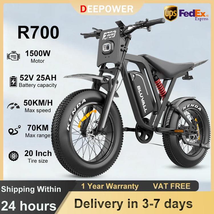Bicicletta Elettrica DEEPOWER 1500W R700 con Batteria Rimovibile 48V 25Ah, Autonomia Massima 70KM, Pneumatici Larghi 20*4.0, Freni Idraulici, Ammortizzatori Idraulici, Pannello Strumenti LCD Smart, Bici Elettrica per Tutti i