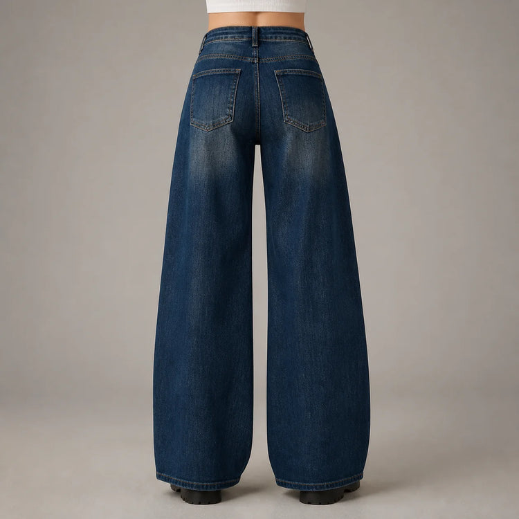 Women’s high-waisted bootcut vintage-wash jeans, cuffed-leg denim trousers with contoured stitching, Y2K streetwear casual fashion, sizes XS–XL sold individually FX5433
