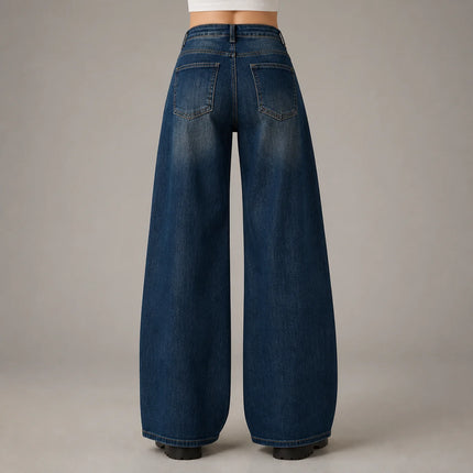 Women’s high-waisted bootcut vintage-wash jeans, cuffed-leg denim trousers with contoured stitching, Y2K streetwear casual fashion, sizes XS–XL sold individually FX5433