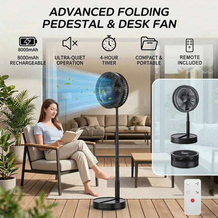 Ventilatore USB pieghevole e retrattile 2 in 1, alimentato a batteria da 8000 mAh, con telecomando, silenzioso, ultra compatto, piccolo ventilatore per casa, ufficio, dormitorio, viaggi all'aperto