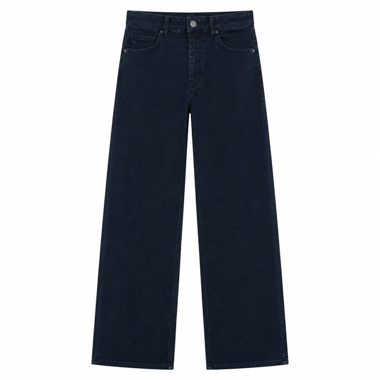 Women's Wide-Leg High-Waisted Dark Denim Jeans with Enzyme Wash, Trendy Slimming Loose Cut, Comfortable Fit That Enhances the Silhouette, Versatile Elegant Casual Style, Durable Pants, Ideal for Fx1338-7