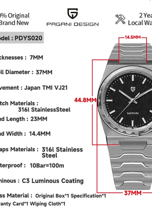 PAGANI DESIGN 2026 Nuovo Orologio al Quarzo Sottile da Uomo 7MM VJ21 37MM Zaffiro Acciaio Inossidabile Impermeabile 10Bar Luminoso C3 Reloj Hombre
