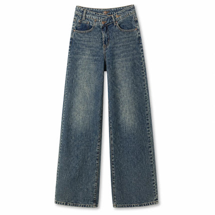 Women's High-Waisted Jeans with Criss-Cross Closure, Wide-Leg Vintage Faded Wash Effect, Trendy Streetwear Style Loose Denim Pants, Comfortable Fit That Enhances the Silhouette, Versatile Design, Yw-1910