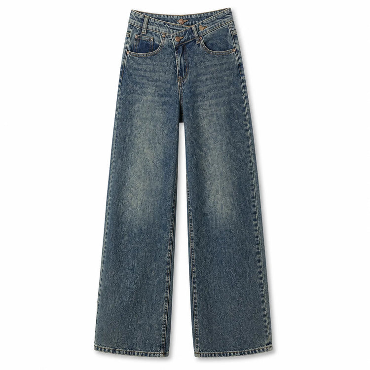 Women's High-Waisted Jeans with Criss-Cross Closure, Wide-Leg Vintage Faded Wash Effect, Trendy Streetwear Style Loose Denim Pants, Comfortable Fit That Enhances the Silhouette, Versatile Design, Yw-1910