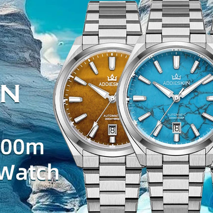 ADDIESKIN K010 Men's Automatic Watch Natural Stone Dial Tiger Eye Turquoise Goldstone Sapphire Crystal Miyota 9015 BGW9 Luminous