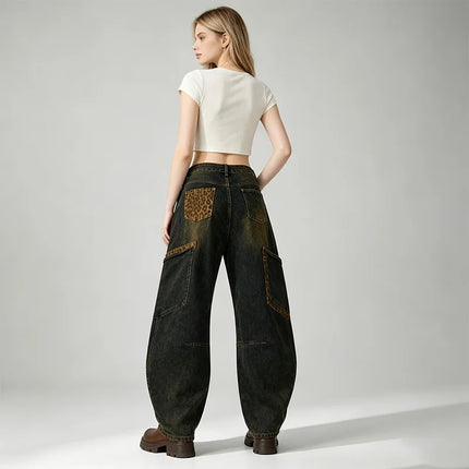 Women's Jeans Cargo Balloon High Waist Denim Blue Vintage Effect Details Leopard Pockets Big pants Streetwear Y2K for Urban Leisure Outings FX5355-1
