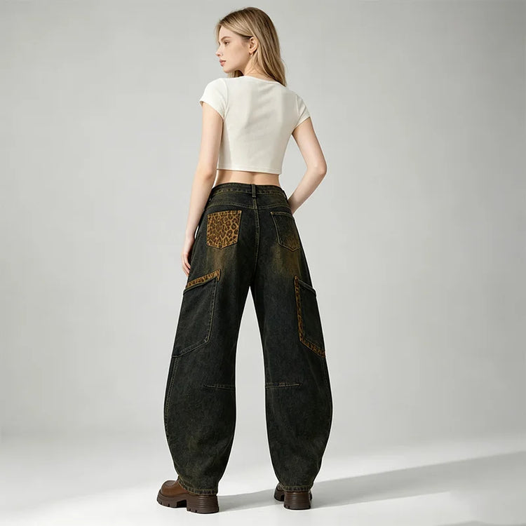 Women's Jeans Cargo Balloon High Waist Denim Blue Vintage Effect Details Leopard Pockets Big pants Streetwear Y2K for Urban Leisure Outings FX5355-1