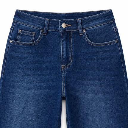 Woman High Waist Wide Leg Jeans Dark Blue Classic Wash Denim Elastic Soft Fit Modern Casual Ideal For Daily Outing And Urban Look Values The Silhouette Hails Legs YW1190