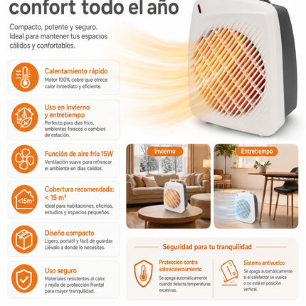 Extrahouse-2000W Portable Fan Heater with Copper Motor, 2 Heat Levels, Cold Air Function and Overheat Protection