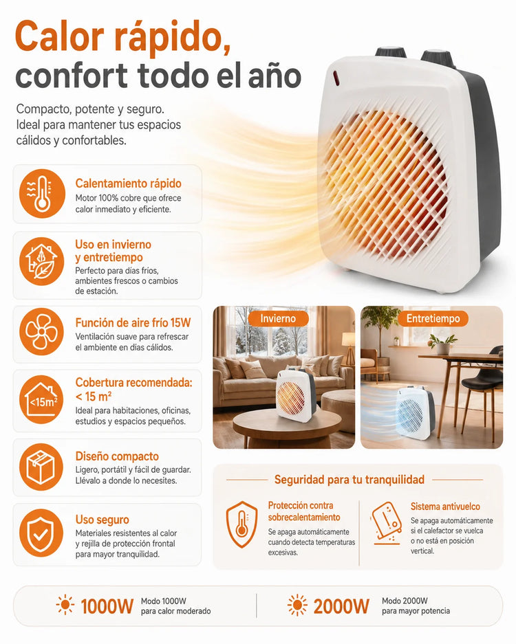 Extrahouse-2000W Portable Fan Heater with Copper Motor, 2 Heat Levels, Cold Air Function and Overheat Protection