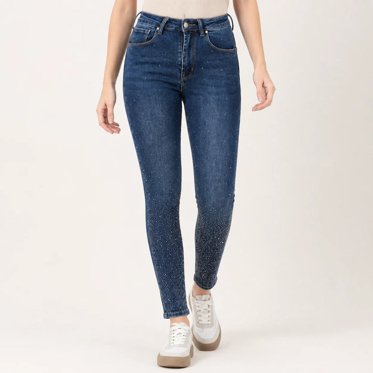Skinny Women's Jeans High Waist with Blurred Rhinestones on the ankles, Dark Blue Denim Casual Wash, Glamorous Tight pants for Going Out and Party, XS‑XL Selling Individually FX5024