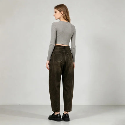 Dark Brown woman Jeans Balloon High Waist Vintage Wash Soft Denim Fit Large Functional Pockets Urban Streetwear Style Curled Cut Perfect For Daily Outfits Casual Outings FX5314-7