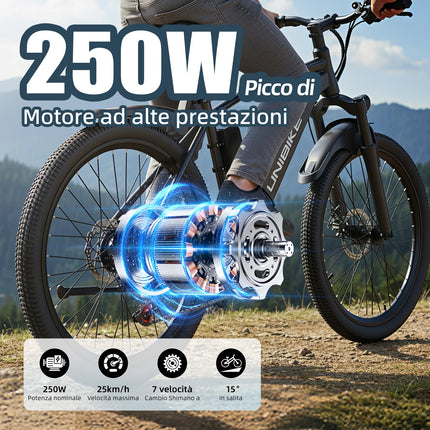 Bicicletta elettrica Aairsk Q7 con motore da 250W, batteria rimovibile da 36V 10Ah, velocità massima di 25 km/h, doppia sospensione e autonomia da 45 a 75 km per carica. Bicicletta elettrica per adulti.