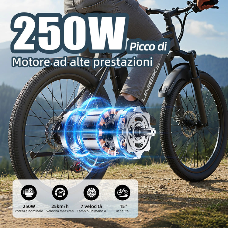 Bicicletta elettrica Aairsk Q7 con motore da 250W, batteria rimovibile da 36V 10Ah, velocità massima di 25 km/h, doppia sospensione e autonomia da 45 a 75 km per carica. Bicicletta elettrica per adulti.