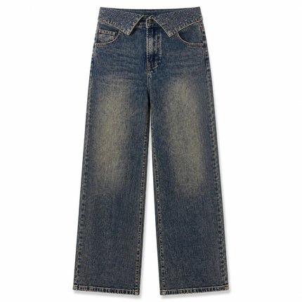 Women's High Waist Wide Leg Jeans with Rhinestone Flap and Engraved Pattern, Vintage Washed Denim, Loose Fit Shaping Legs, Y2K Glamour Style, Shiny Details, Ideal for Evening Outings, Parties, Dates Jf526