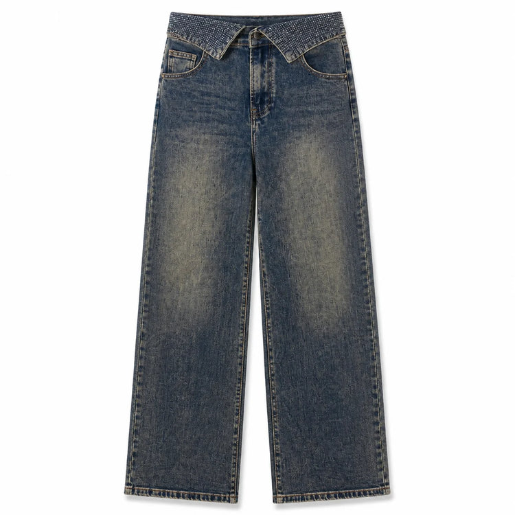 Women's High Waist Wide Leg Jeans with Rhinestone Flap and Engraved Pattern, Vintage Washed Denim, Loose Fit Shaping Legs, Y2K Glamour Style, Shiny Details, Ideal for Evening Outings, Parties, Dates Jf526