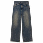 Women's High Waist Wide Leg Jeans with Rhinestone Flap and Engraved Pattern, Vintage Washed Denim, Loose Fit Shaping Legs, Y2K Glamour Style, Shiny Details, Ideal for Evening Outings, Parties, Dates Jf526