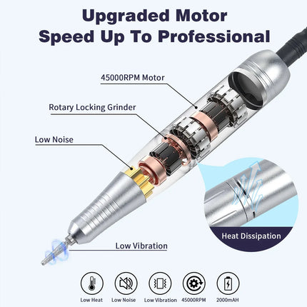 45000RPM Nail Drill Machine Rechargeable Nail Drill Electric Nail File Set With 6 Bits Sanding Bands Multifunctional Nail Tools