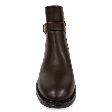 Bel Chou's J130-63 Women's Dark Brown Low Heel Boots with Inner Zipper and Gold Buckle