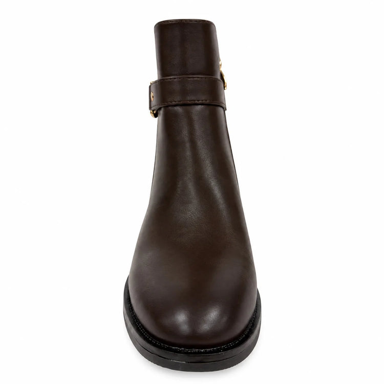 Bel Chou's J130-63 Women's Dark Brown Low Heel Boots with Inner Zipper and Gold Buckle