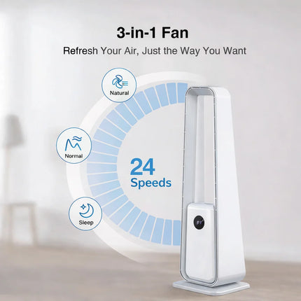 Ventilatore 3-in-1 con opzioni selezionabili: DC con luce, DC senza luce o AC; modalità naturale, normale e sleep.
