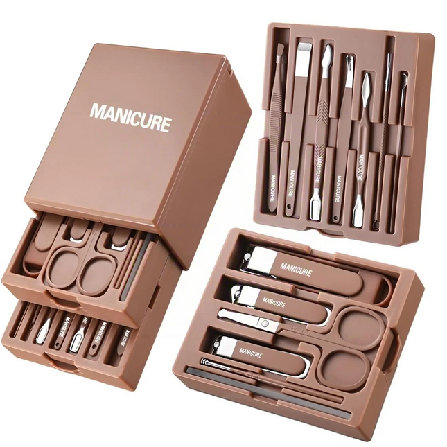 Nail Clipper Set Manicure Set 13 Piece Nail care Set with Mirror Pedicure tools Set in Elegant coffee Brown stainless steel Nail Set FOR WOMEN'S & Men gift
