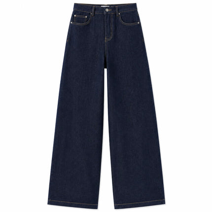 Women's High-Waisted Wide-Leg Jeans, Loose Fit with Classic Pockets, Urban Casual Style, Dark Blue Denim Pants for Modern Everyday Look Yw-1192J