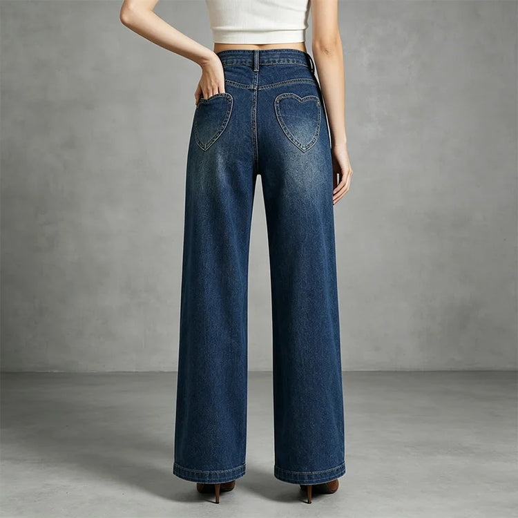 Women's High-Waisted Wide-Leg Jeans, Trendy Vintage Wash Design with Heart Pockets, Casual Y2K Style Denim Pants, Comfortable Fit Without Belt, Durable Denim Fabric That Flatters the Figure, Versatile Cut, Yw-1892
