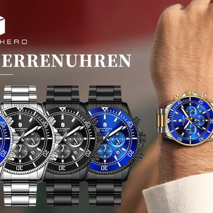 SAPPHERO Orologio Uomo Quarzo Lusso Cronografo Sport Acciaio Inossidabile Impermeabile 50M Data Luminoso Orologio Elegante Business