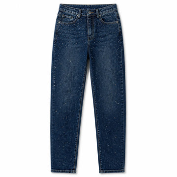 Dark Blue High Waist woman Straight Jeans Shiny Rhinestone Denim Washed Comfortable Fit Elegant City Party Outings FX5310