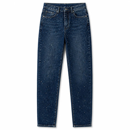 Dark Blue High Waist woman Straight Jeans Shiny Rhinestone Denim Washed Comfortable Fit Elegant City Party Outings FX5310