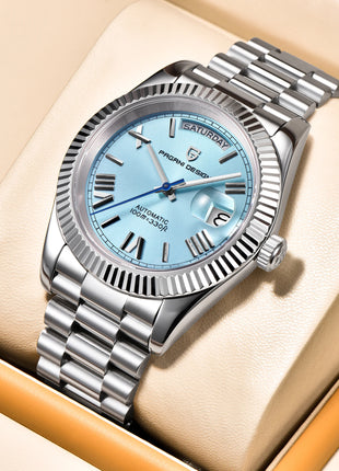 Orologio automatico di lusso Blue DESIGN Ice Blue per uomo, orologio da polso meccanico in acciaio inossidabile, impermeabile, vetro zaffiro AR, consegna locale