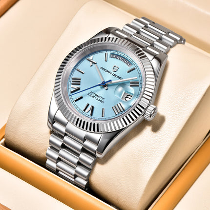 Orologio automatico di lusso Blue DESIGN Ice Blue per uomo, orologio da polso meccanico in acciaio inossidabile, impermeabile, vetro zaffiro AR, consegna locale