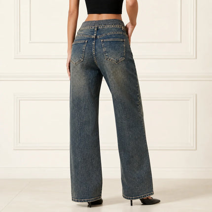 Women's High Waist Wide Leg Jeans with Rhinestone Flap and Engraved Pattern, Vintage Washed Denim, Loose Fit Shaping Legs, Y2K Glamour Style, Shiny Details, Ideal for Evening Outings, Parties, Dates Jf526