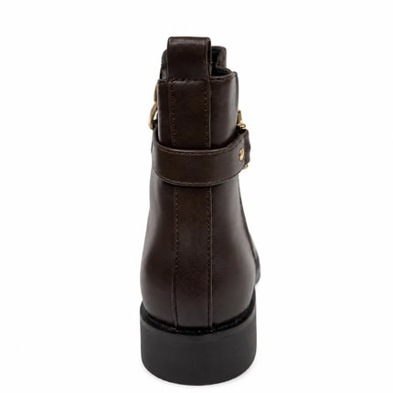Bel Chou's J130-63 Women's Dark Brown Low Heel Boots with Inner Zipper and Gold Buckle