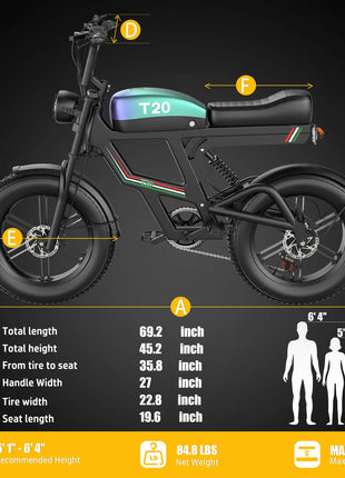Bicicletta Elettrica T20 con Batterie agli Ioni di Litio ad Alta Capacità 48V20Ah, Bici Elettrica per Adulti con Pneumatici All-Terrain 20'X4.0', Mountain Bike Elettrica per Adulti