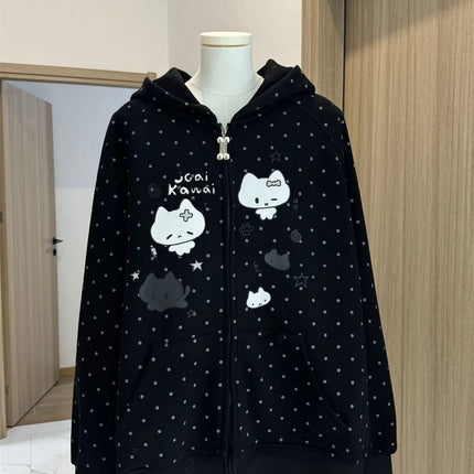 Japanese Y2k Hoodies Jackets Women Clothes Polka Dot Cat Print Sweatshirts 2025 Ropa Mujer Casual Chic Hooded Cute Hoodie Tops