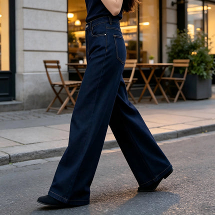 Women's High-Waisted Wide-Leg Jeans, Loose Fit with Classic Pockets, Urban Casual Style, Dark Blue Denim Pants for Modern Everyday Look Yw-1192J