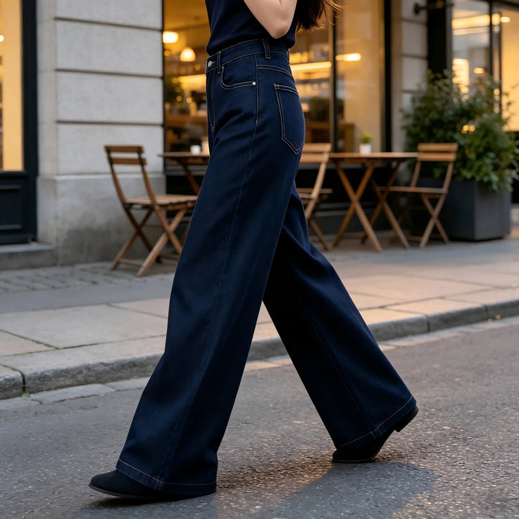 Women's High-Waisted Wide-Leg Jeans, Loose Fit with Classic Pockets, Urban Casual Style, Dark Blue Denim Pants for Modern Everyday Look Yw-1192J