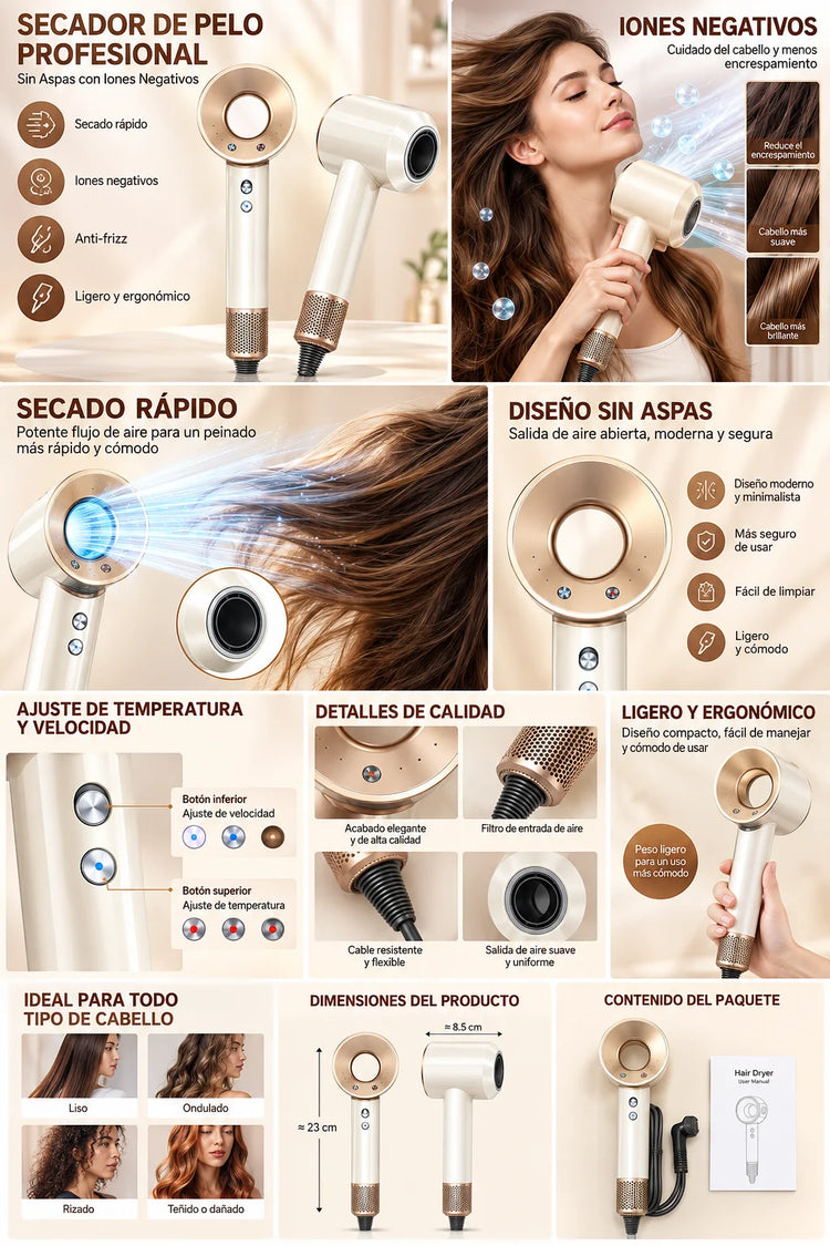Professional hair dryer with negative ions, quick-drying bladeless dryer, powerful and lightweight, anti-frizz technology for hair care, home use