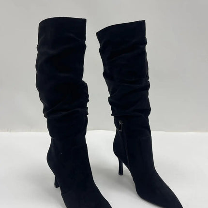 Women's black suede stiletto heel high boots elegant sophisticated modern wrinkled style-j6186