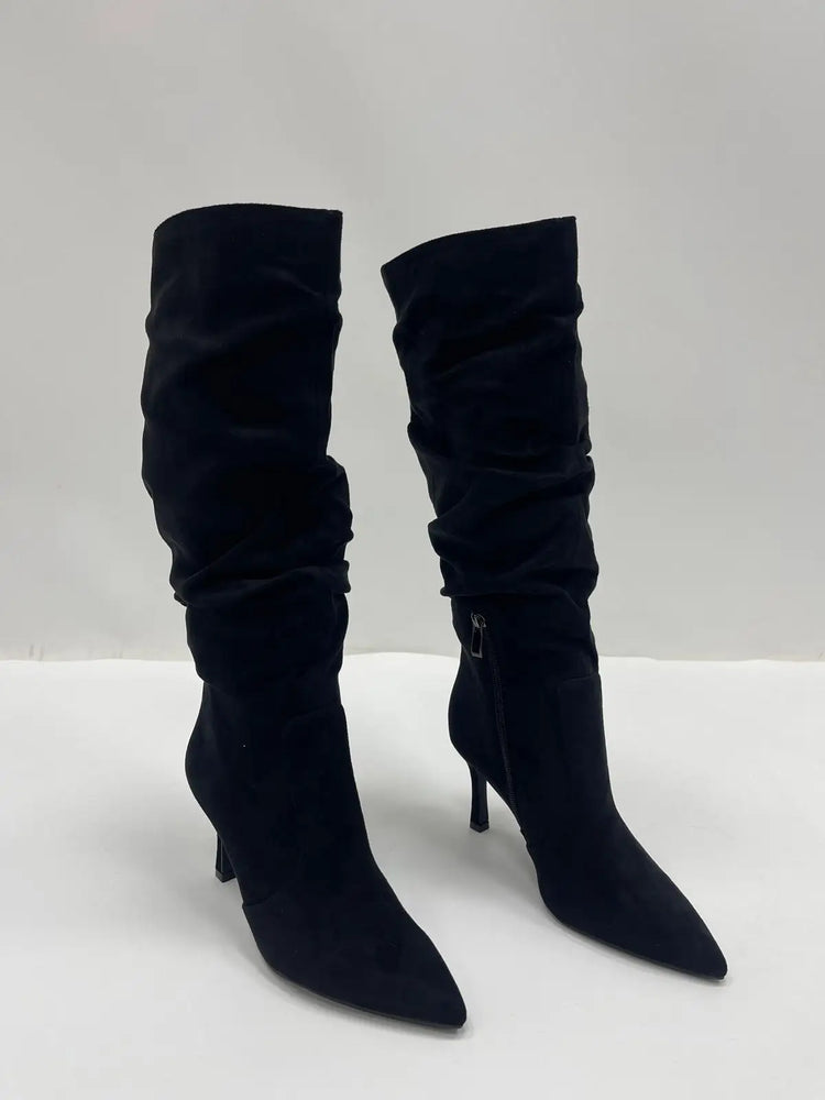 Women's black suede stiletto heel high boots elegant sophisticated modern wrinkled style-j6186