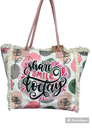 MIGLIORATA Borsa da spiaggia o da piscina grande con LEUCI stampe con la frase {HAN UN SMILE HOJE} con frange di cotone bianco, misura 55*37*19CM. contiene tasche interne e fodere. Tessuto 100% poliestere